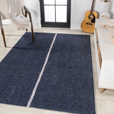 JONATHAN Y Lighting Washable 5-1/4' x 8' Polypropylene Striped Indoor Rectangular Area Rug Navy / Ivory