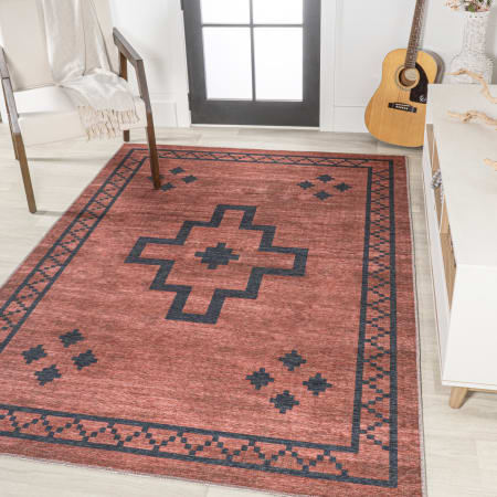 JONATHAN Y Lighting Washable 3' x 5' Polypropylene Border and Geometric Indoor Rectangular Area Rug Red / Black