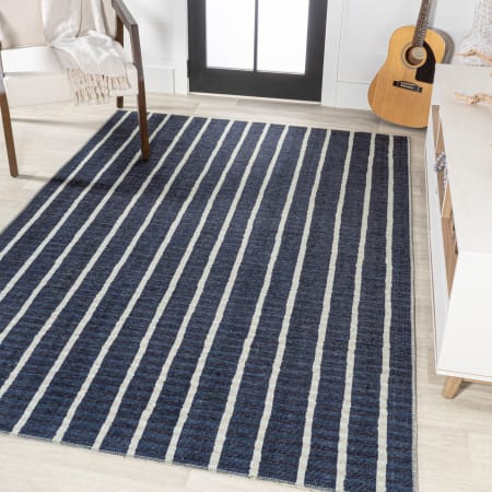 JONATHAN Y Lighting Washable 7-3/4' x 10' Polypropylene Striped Indoor Rectangular Area Rug Navy / Ivory