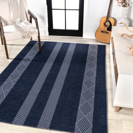 JONATHAN Y Lighting Washable 8-3/4' x 12' Polypropylene Striped and Trellis Indoor Rectangular Area Rug Navy / Ivory