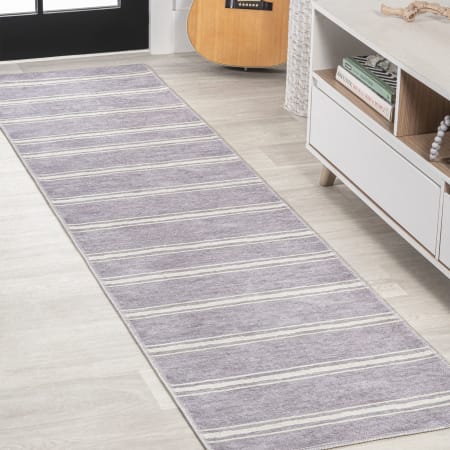 JONATHAN Y Lighting Washable 2' x 8' Polypropylene Striped Indoor Runner Lavender / Ivory