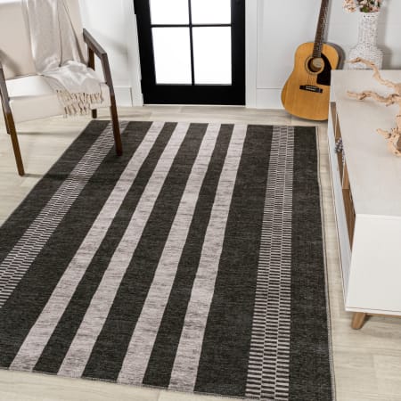 JONATHAN Y Lighting Washable 5-1/4' x 8' Polypropylene Striped Indoor Rectangular Area Rug Black / Ivory