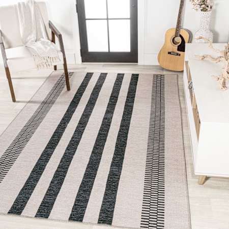 JONATHAN Y Lighting Washable 5-1/4' x 8' Polypropylene Striped Indoor Rectangular Area Rug Cream / Black