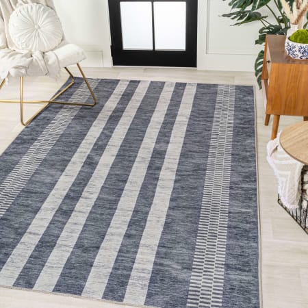 JONATHAN Y Lighting Washable 8-3/4' x 12' Polypropylene Striped Indoor Rectangular Area Rug Slate Gray / Ivory