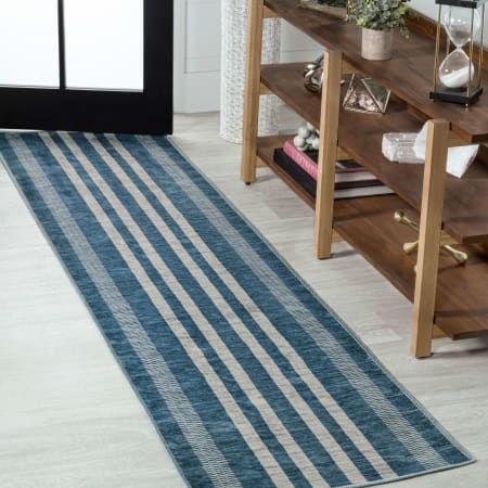 JONATHAN Y Lighting Washable 2' x 8' Polypropylene Striped Indoor Runner Blue / Cream