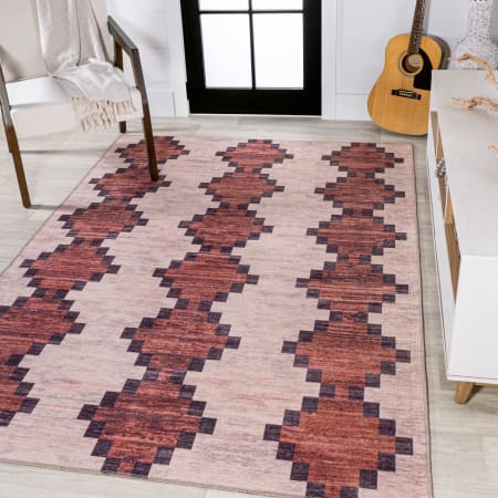 JONATHAN Y Lighting Washable 7-3/4' x 10' Polypropylene Striped and Trellis Indoor Rectangular Area Rug Burgundy / Ivory