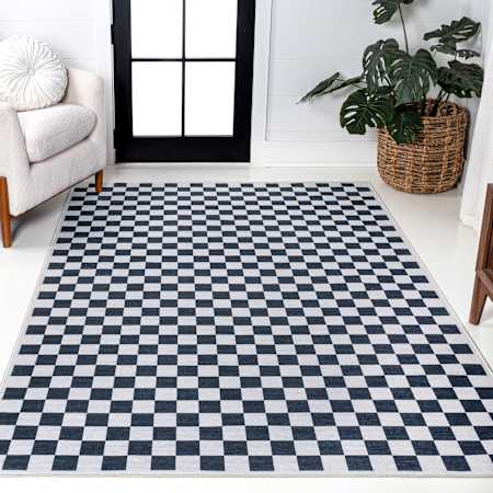 JONATHAN Y Lighting Washable 5-1/4' x 7-1/2' Chenille Geometric, Plaid, and Traditional Indoor Rectangular Area Rug Dark Blue / White