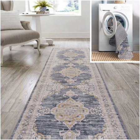 JONATHAN Y Lighting Washable 2' x 8' Chenille Traditional Indoor Runner Area Rug Dark Gray / Yellow