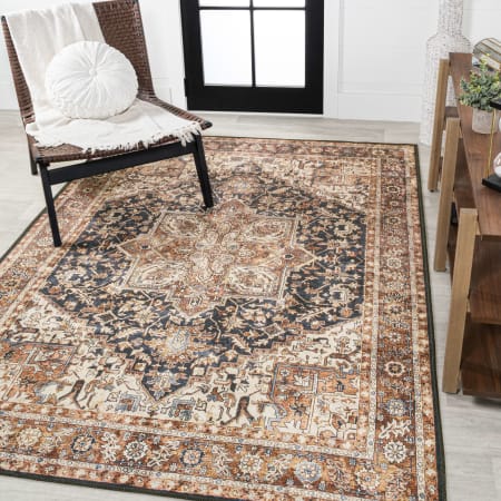 JONATHAN Y Lighting Washable 5-1/4' x 7-1/2' Chenille Border and Botanical Indoor Rectangular Area Rug Black / Terra