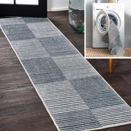JONATHAN Y Lighting Washable 2' x 7-3/4' Polyester Geometric, Plaid, and Striped Indoor Runner Dark Gray / Cream