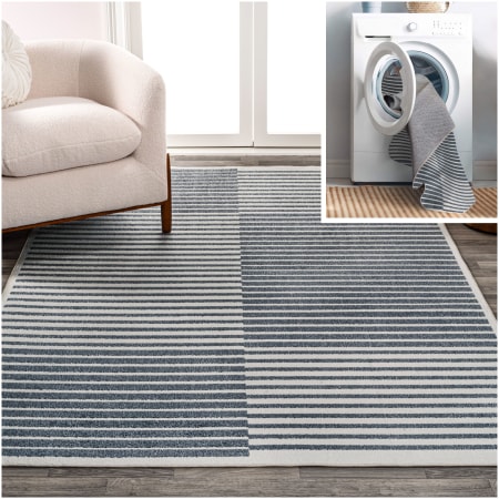 JONATHAN Y Lighting Washable 5-1/4' x 7-1/2' Polyester Striped Indoor Rectangular Area Rug Dark Gray / Cream