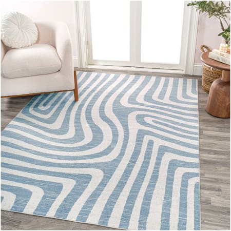 JONATHAN Y Lighting Washable 7-3/4' x 10' Polyester Abstract, Geometric, and Striped Indoor Rectangular Area Rug Blue / Cream