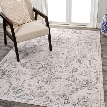 JONATHAN Y Lighting Washable 7-3/4' x 10' Polyester Border and Traditional Indoor Rectangular Area Rug Cream / Light Gray