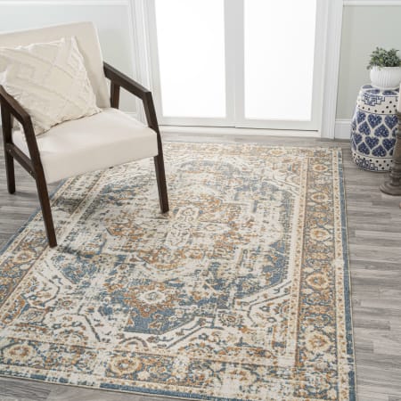 JONATHAN Y Lighting Washable 4' x 6' Polyester Border and Traditional Indoor Rectangular Area Rug Blue / Cream