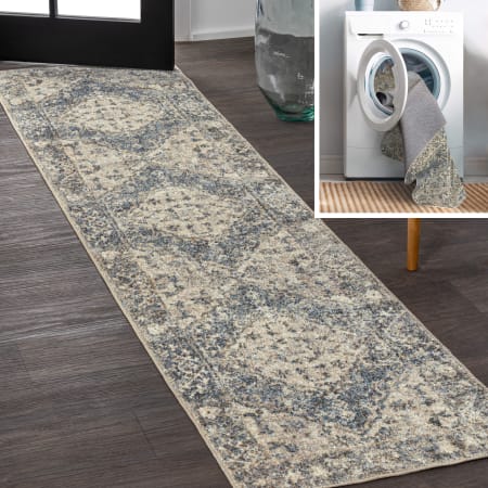 JONATHAN Y Lighting Washable 2' x 7-3/4' Polyester Border Indoor Runner Blue / Cream