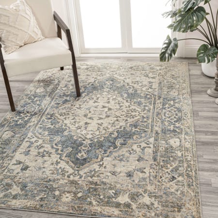 JONATHAN Y Lighting Washable 7-3/4' x 10' Polyester Border and Traditional Indoor Rectangular Area Rug Blue / Cream