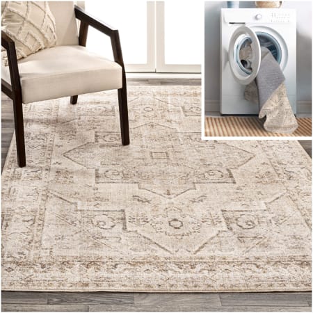 JONATHAN Y Lighting Washable 4' x 6' Polyester Border and Traditional Indoor Rectangular Area Rug Cream / Brown