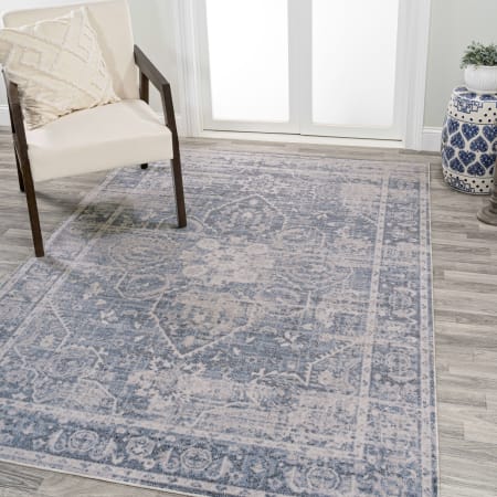 JONATHAN Y Lighting Washable 5-1/4' x 7-1/2' Polyester Border Indoor Rectangular Area Rug Blue / Light Gray