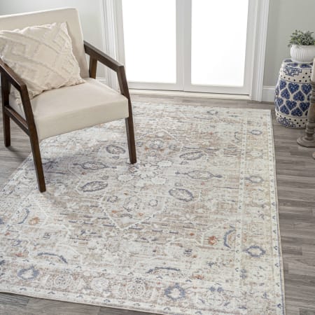 JONATHAN Y Lighting Washable 7-3/4' x 10' Polyester Border Indoor Rectangular Area Rug Light Gray / Brown