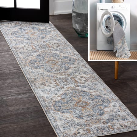 JONATHAN Y Lighting Washable 2' x 7-3/4' Polyester Border Indoor Runner Cream / Blue / Terra