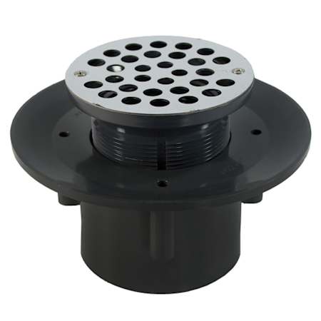 Jones Stephens 3" x 4" Heavy Duty PVC Slab Drain Base with 3-1/2" Plastic Spud and 6" Stainless Steel Strainer N/A