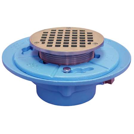 Jones Stephens 2" No Hub Code Blue Floor Drain with 7" Pan and 6" Nickel Bronze Round Strainer Nickel Bronze