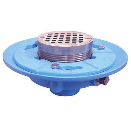 Jones Stephens 3" IPS Code Blue Floor Drain with 9" Pan and 6" Polished Brass Round Strainer Polished Brass