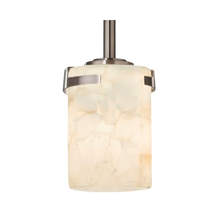 Justice Design Group Atlas Single Light 4-1/2" Wide Integrated LED Mini Pendant with Cylindrical Shaved Alabaster Shade Brushed Nickel