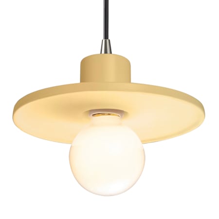Justice Design Group Radiance - Saucer 8" Wide Mini Pendant with Black Cord and Ceramic Muted Yellow Shade Brushed Nickel