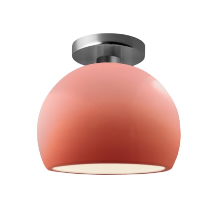 Justice Design Group Radiance 7" Wide LED Semi-Flush Globe Ceiling Fixture with a Ceramic Gloss Blush Shade Brushed Nickel