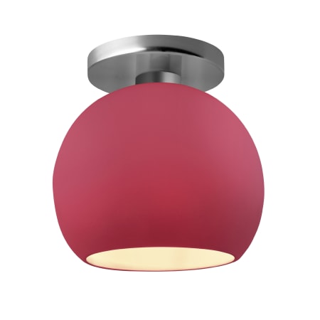 Justice Design Group Radiance 10" Wide LED Semi-Flush Globe Ceiling Fixture with a Ceramic Cerise Shade Brushed Nickel