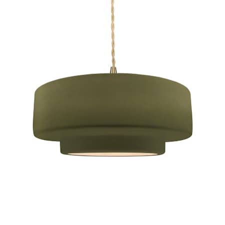 Justice Design Group Radiance Collection - Tier 15" Wide Pendant with Twisted Beige Cord and Matte Green Shade Brushed Brass