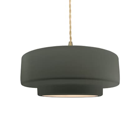 Justice Design Group Radiance Collection - Tier 15" Wide Pendant with Twisted Beige Cord and Pewter Green Shade Brushed Brass