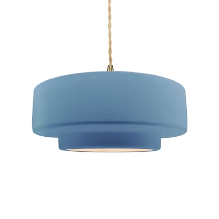 Justice Design Group Radiance Collection - Tier 15" Wide Pendant with Twisted Beige Cord and Sky Blue Shade Brushed Brass