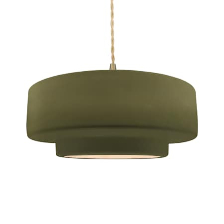 Justice Design Group Radiance Collection - Tier 16" Wide Pendant with Twisted Beige Cord and Matte Green Shade Brushed Brass