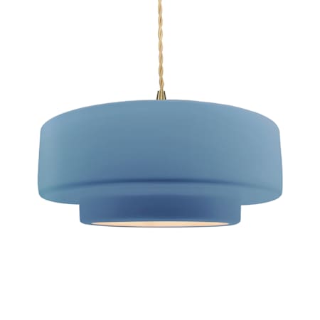 Justice Design Group Radiance Collection - Tier 16" Wide Pendant with Twisted Beige Cord and Sky Blue Shade Brushed Brass