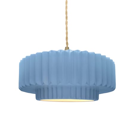 Justice Design Group Radiance Collection - Pleated Tier 15" Wide LED Pendant with Twisted Beige Cord and Sky Blue Shade Brushed Brass