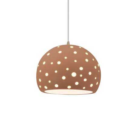 Justice Design Group Perforated Globe 10" Wide Mini Pendant with White Cord Adobe / Antique Brass