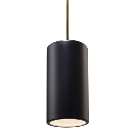 Justice Design Group Ambiance 7" Wide Pillar Candle Mini Pendant with a Ceramic Carbon Matte Black Shade Antique Brass