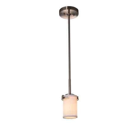 Justice Design Group Atlas Single Light 4-1/2" Wide Integrated LED Mini Pendant with White Fabric Cylindrical Shade Brushed Nickel