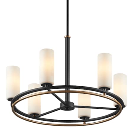 Justice Design Group Fusion 6 Light 27" Wide Pillar Candle Style Chandelier Matte Black / Brass / Opal
