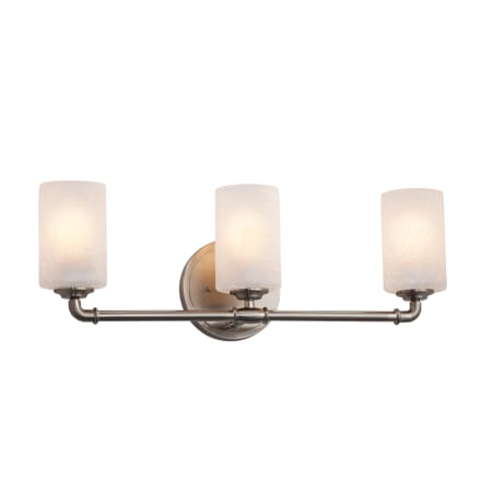 Justice Design Group Bronx 3 Light 23-3/4" Wide Vanity Light with Frosted Crackle Cylindrical Flat Rimmed Shades Brushed Nickel