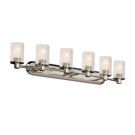 Justice Design Group Fusion 6 Light 44" Wide Bathroom Vanity Light with Cylindrical Seeded Glass Shades Brushed Nickel