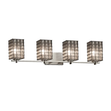Justice Design Group Wire Glass 4 Light 34" Wide LED Bathroom Vanity Light with Flat Rimmed Square Shades Brushed Nickel