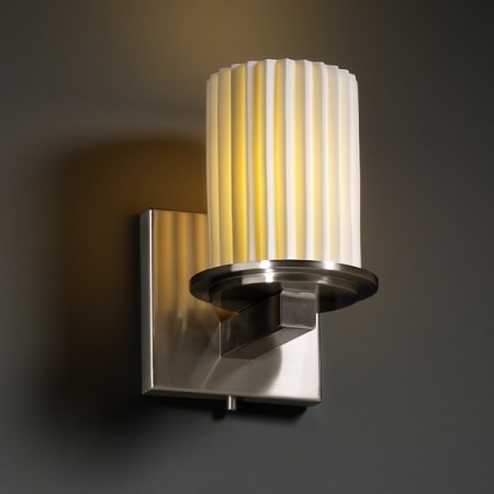 Brushed Nickel finish with (-10) Cylinder with Flat Rim and Pleated shade option