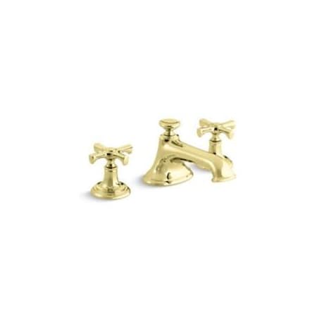 Kallista Bellis 1.2 GPM Widespread Bathroom Faucet with Noble Spout, Cross Handles, and Pop-Up Drain Assembly Unlacquered Brass