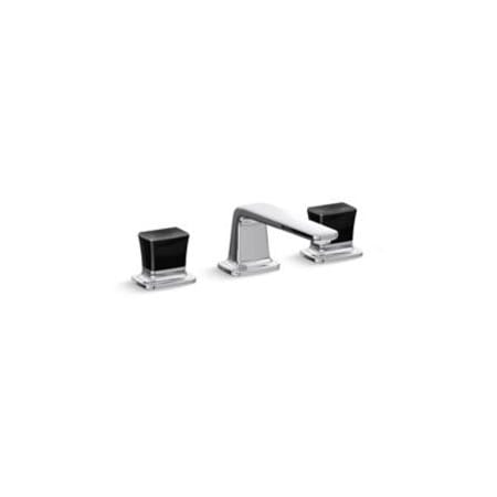 Kallista Per Se Widespread Low Spout Bathroom Faucet with Black Crystal Knob Handles Polished Chrome