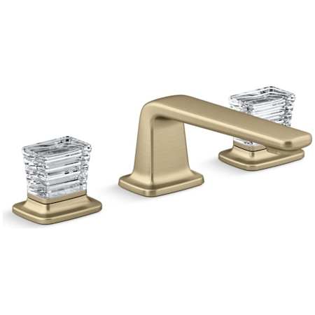 Kallista Per Se Widespread Low Spout Bathroom Faucet with Clear Saint-Louis Crystal Knob Handles Brushed French Gold