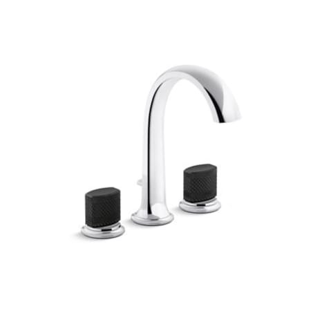 Kallista Script Widespread Bathroom Faucet with Diverter and Matte Black Porcelain Handles Polished Chrome