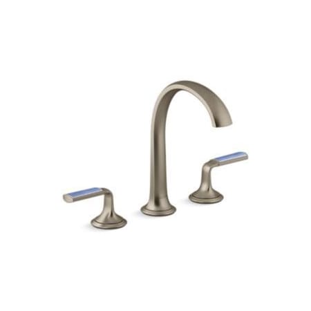 Kallista Script Widespread Arch Spout Bathroom Faucet with Celeste Blue Wave Enamel Lever Handles Brushed Bronze